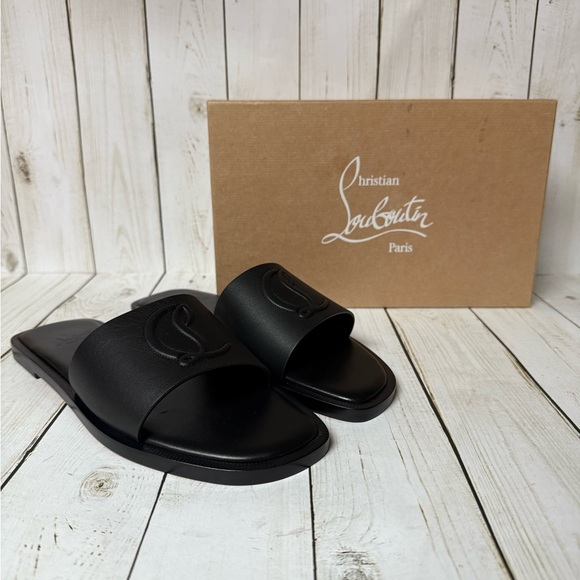 Christian Louboutin CL Leather Mule Flat Slide Sandals Black Sz 40 / 10 - Picture 1 of 14